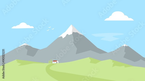 House in the mountains. Landscape with Mountain Peaks. Outdoor recreation. Vector flat illustration