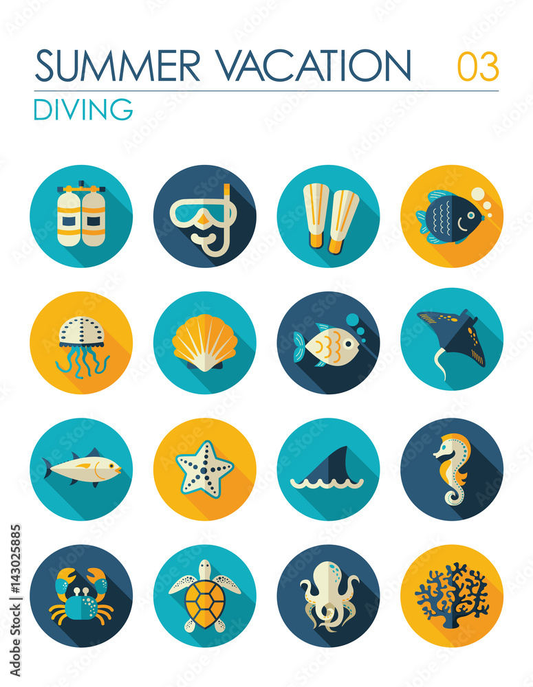 Diving flat icon set. Summer. Vacation