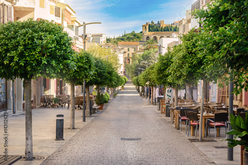 Fototapeta Naklejka Na Ścianę i Meble -  Beautiful tree-lined long street in Arta, Mallorca, in the background is Church and historic buildings. Beautiful day for walk through this amazing city.