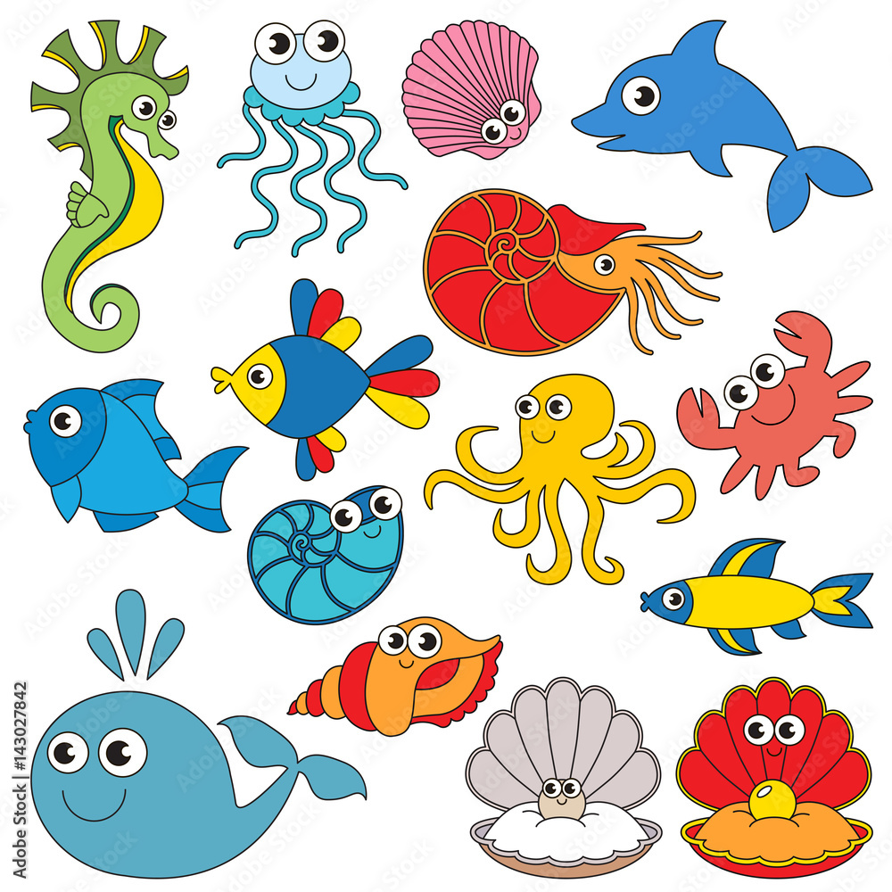Sea underwater animals set, the collection of coloring book template ...