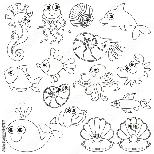 Sea underwater animals set, the big page to be colored, simple education  game for kids. Stock Vector | Adobe Stock