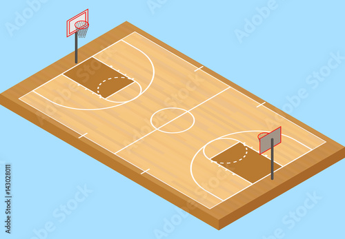 Isometric basketball court, with floor and basketball hoop