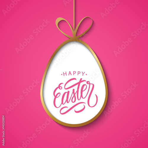 Happy Easter greeting card with golden easter egg and handwritten holiday wishes on pink background. Vector illustration.