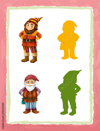 cartoon page with medieval characters different dwarfs game with shapes