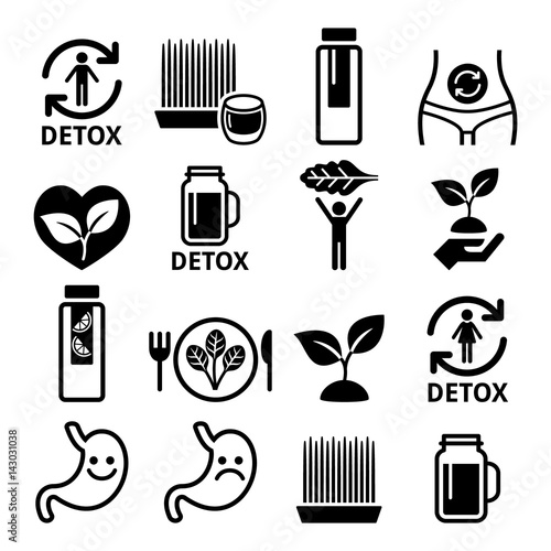 Detox, body cleaning with juices, vegetables or diet icons set