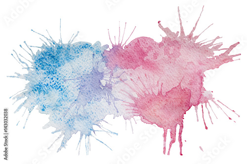 Watercolor hand drawn light blue and pink grunge stains with splashes, isolated on the white background