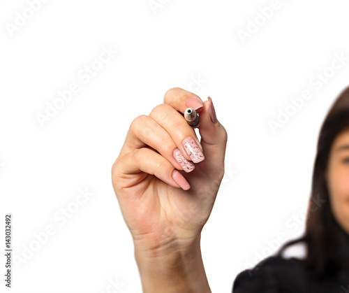 Girl with a pen on a white background