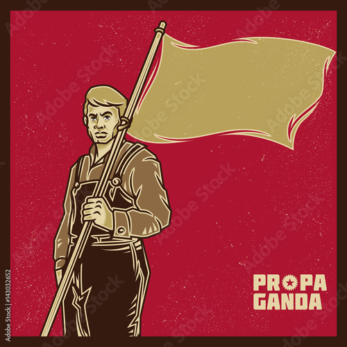 Vintage propaganda poster and elements. Retro Clip art of a Worker bring a gold flag or banner. Isolated artwork object. Suitable for and any print media need.