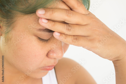 Headache woman or stress woman on white background