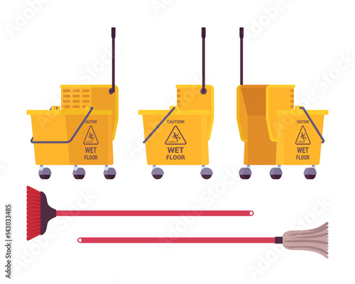 Yellow floor cleaning cart and mop