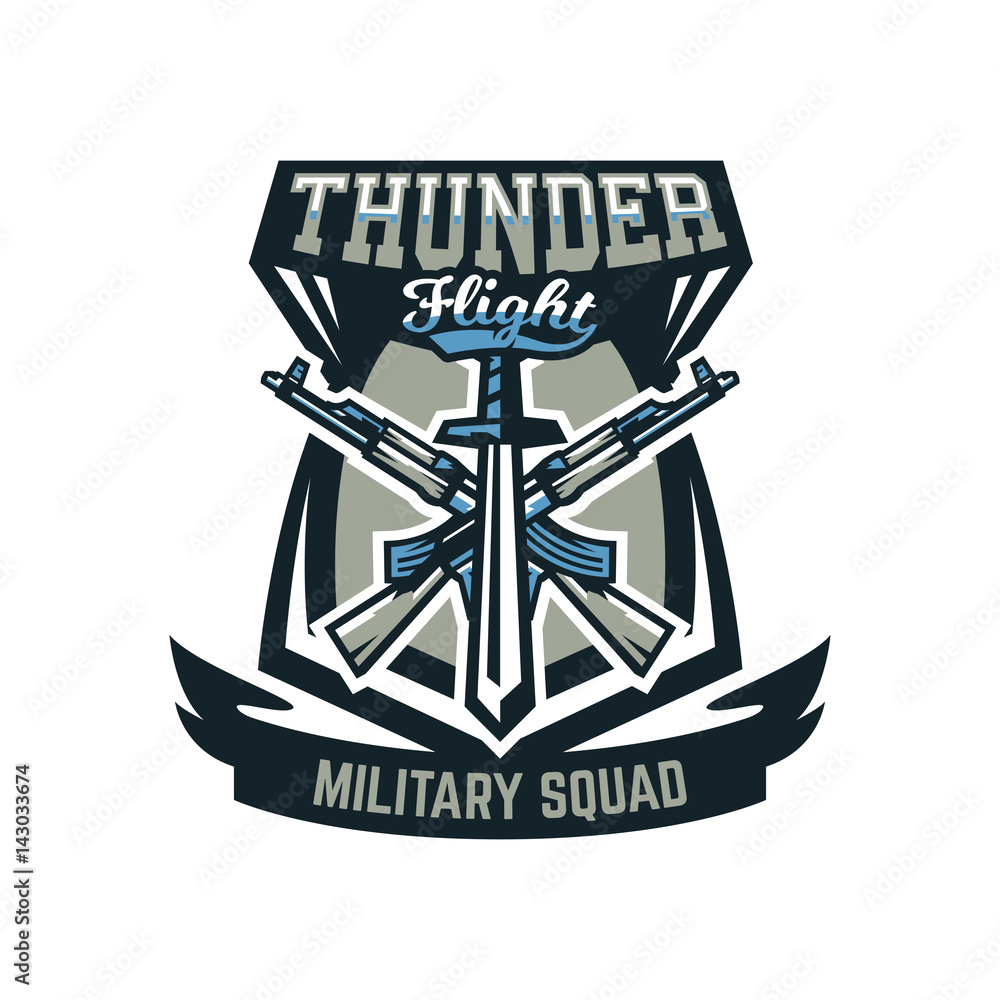 Logo, emblem, military weapons, machine guns. Vector illustration, printing on T-shirts Logo, emblem, military weapons, machine guns. Vector illustration, printing on T-shirts