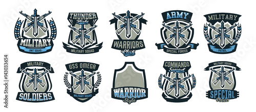 Collection of logos, emblems, military weapons, machine guns. Vector illustration, printing on T-shirts