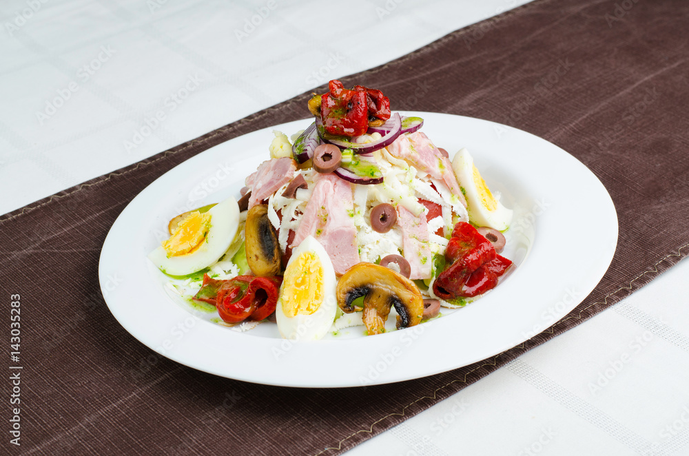 Fresh Salad With Mushrooms, Grilled Vegetables, Boiled Eggs, White Cheese, Olive And Ham Fresh Salad With Mushrooms, Grilled Vegetables, Boiled Eggs, White Cheese, Olive And Ham