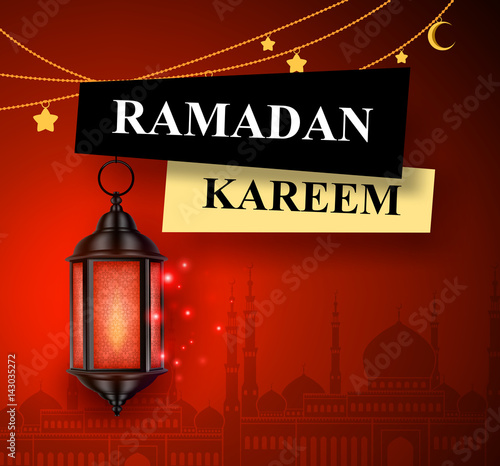 Ramadan kareem greeting vector banner design with hanging lantern or fanoos in red mosque background. Vector illustration.
