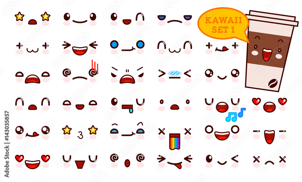 Vecteur Stock Set of cute kawaii emoticon face and sweet coffee kawaii