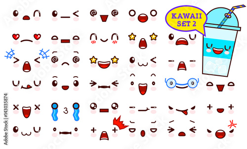Set of cute kawaii emoticon face and sweet cocktail kawaii. Collection emoticon manga, cartoon style. Vector illustration. Adorable characters icons design