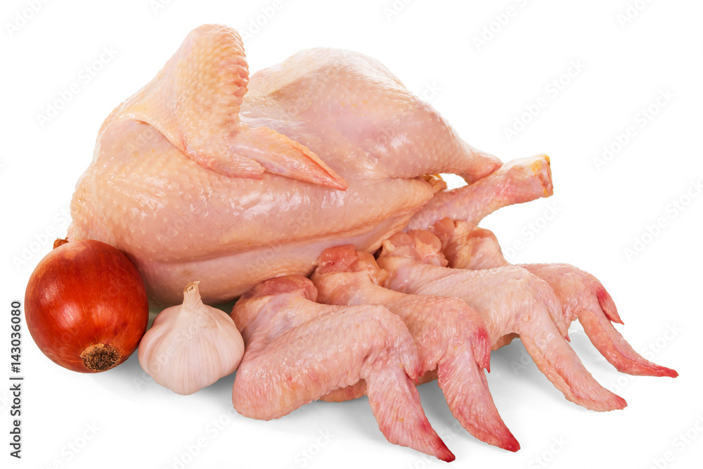 Whole raw chicken carcass, wings, onion and garlic isolated. Whole raw chicken carcass, wings, onion and garlic isolated.