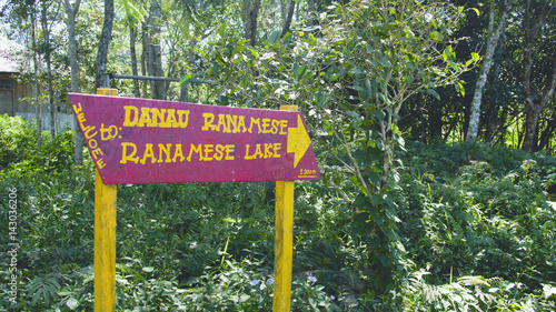Red sign next to green vegetation giving easy direction with yellow letters and arrow towards ranamese lake danau, Indonesia. photo