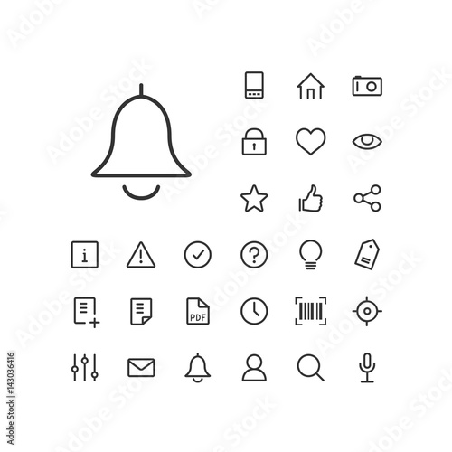 Bell icon in set on the white background. Universal linear icons to use in web and mobile app.