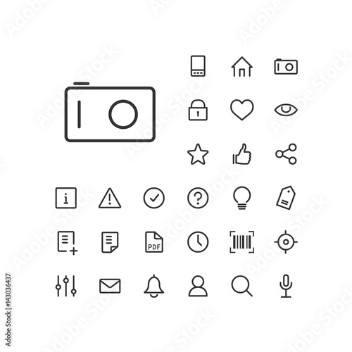Camera icon in set on the white background. Universal linear icons to use in web and mobile app.