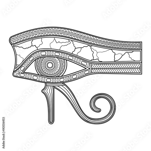 Vector Eye of Horus (All-Seeing Eye Wadjet, Udjat) In Linear Style. Left Eye Represents Moon Osiris. Reconstructed Eye. Amulet In Form of Eye For Dead. Resurrection After Death