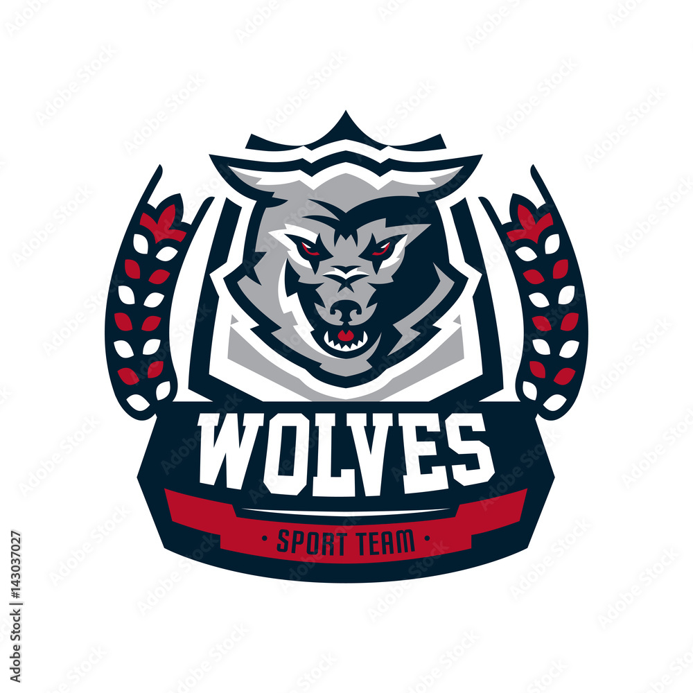 Naklejka premium Emblem, logo, sticker, aggressive wolf ready to attack, predator. Vector illustration