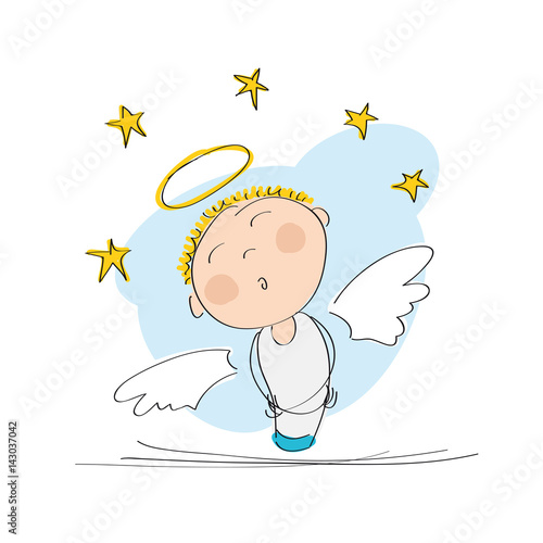 Cute dreamy angel with stars above - original hand drawn illustration