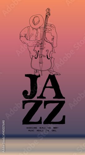 jazz bass player drawing poster on ocean evening background