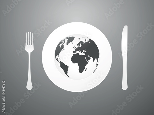 Plate with cutlery and world map
