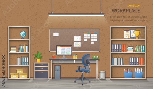 Stylish and modern office workplace. Room interior with desk, armchair, monitor, shelves, office supplies, flowerpot, folders, books and board for notes. Detailed vector illustration for web banner.