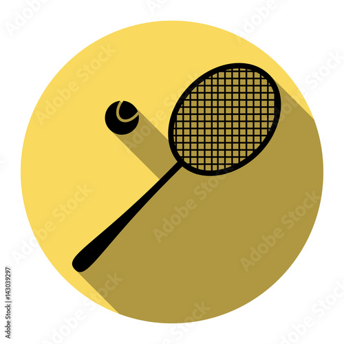 Tennis racquet sign. Vector. Flat black icon with flat shadow on royal yellow circle with white background. Isolated.