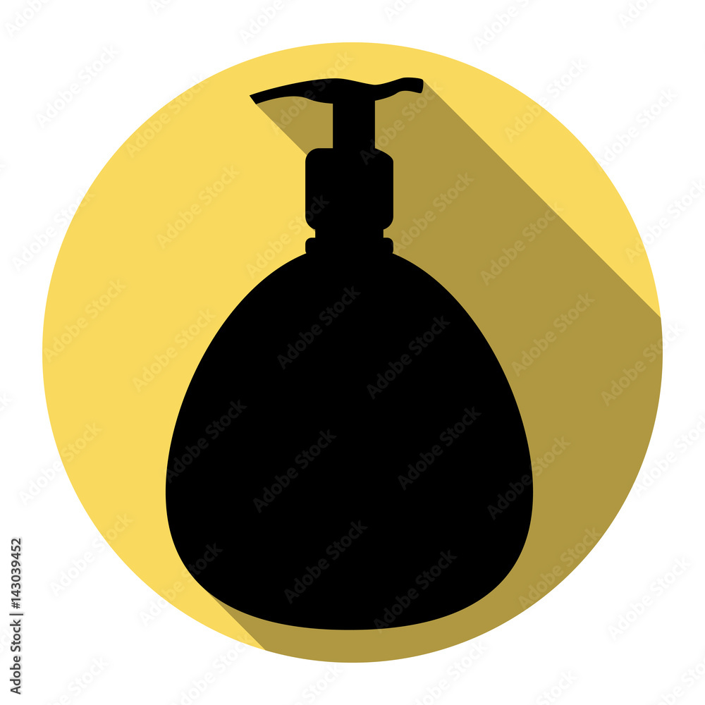 Gel, Foam Or Liquid Soap. Dispenser Pump Plastic Bottle silhouette. Vector. Flat black icon with flat shadow on royal yellow circle with white background. Isolated. Gel, Foam Or Liquid Soap. Dispenser Pump Plastic Bottle silhouette. Vector. Flat black icon with flat shadow on royal yellow circle with white background. Isolated.