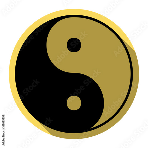 Ying yang symbol of harmony and balance. Vector. Flat black icon with flat shadow on royal yellow circle with white background. Isolated.