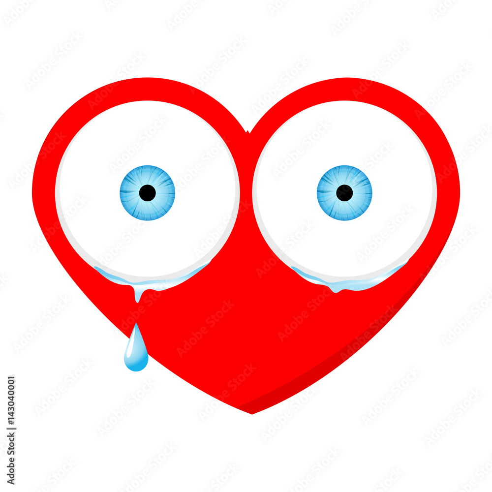 Crying sad heart face with eyes and drop. Isolated red icon