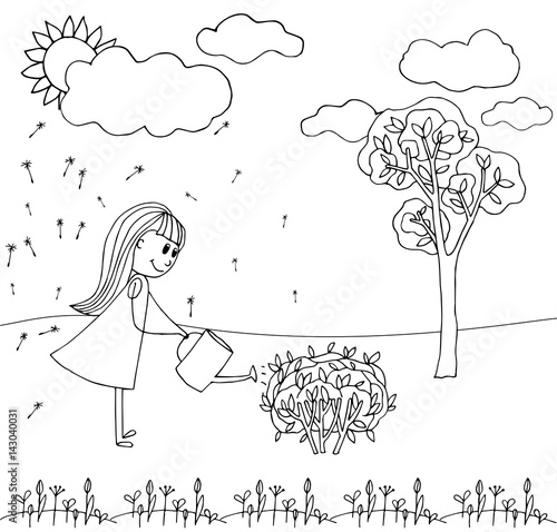 Girl watering bush. Vector doodle illustration