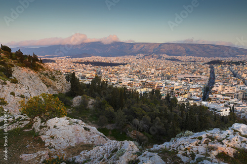 View of Athens from Filopappou hill at sunset, Greece. 