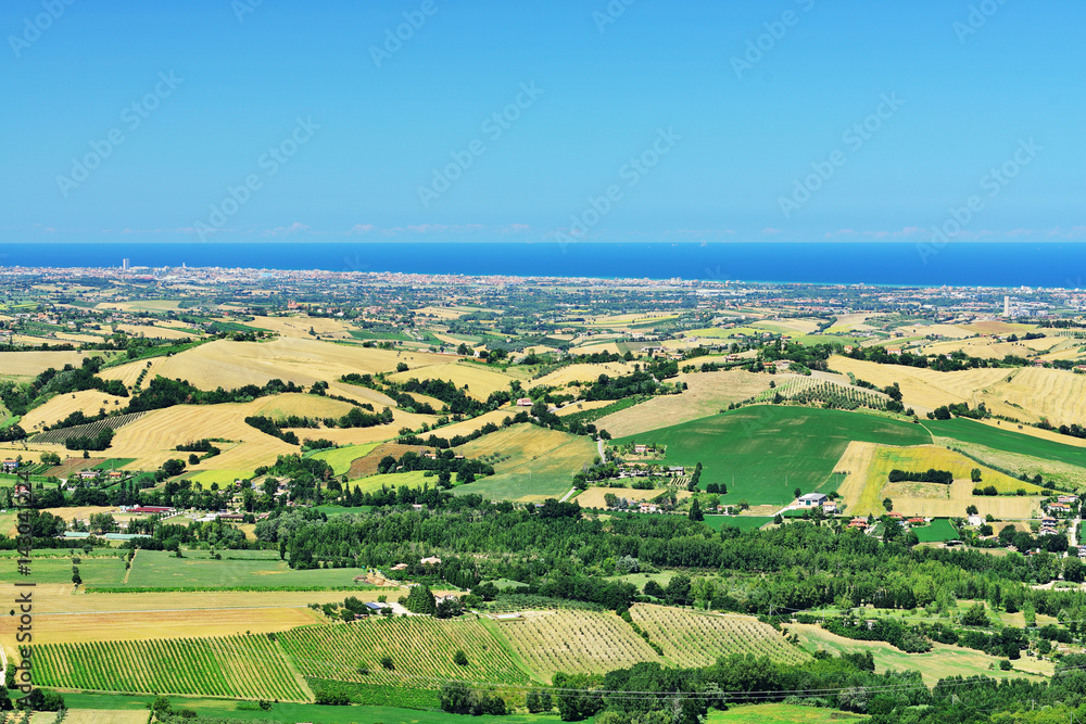 Countryside in Montefiore Conca view to Rimini  and Adriatic Sea (near Monte Titano and San Marino), Emilia-Romagna, Italy.