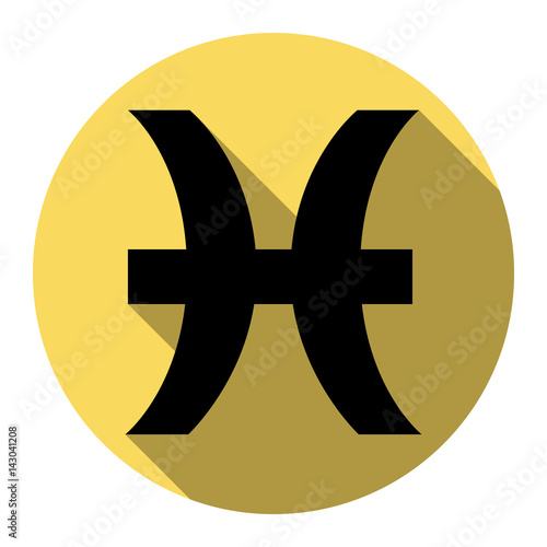 Pisces sign illustration. Vector. Flat black icon with flat shadow on royal yellow circle with white background. Isolated.