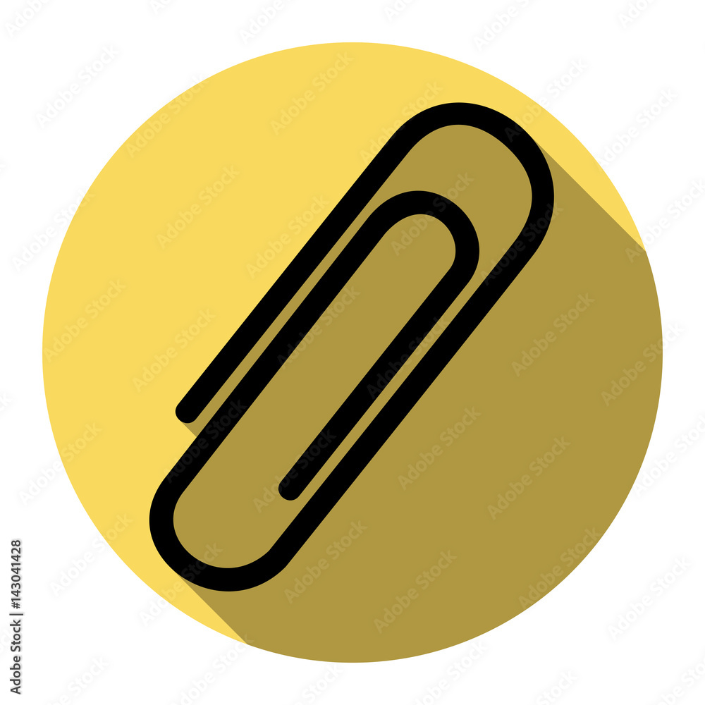 Clip sign illustration. Vector. Flat black icon with flat shadow on royal yellow circle with white background. Isolated. Clip sign illustration. Vector. Flat black icon with flat shadow on royal yellow circle with white background. Isolated.