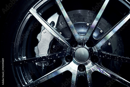 Modern metal rims on car at dark