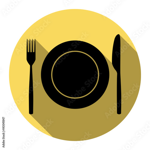 Fork, Knife and Plate sign. Vector. Flat black icon with flat shadow on royal yellow circle with white background. Isolated.