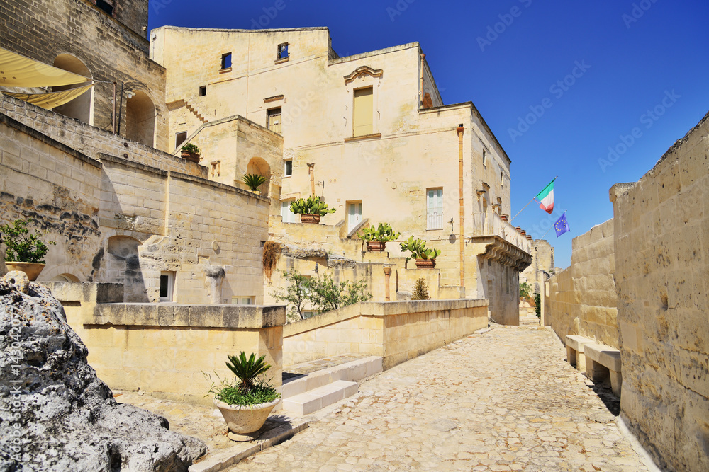 Panoramic view of the medieval ancient town of Matera (Sassi di Matera), Basilicata, Italy.