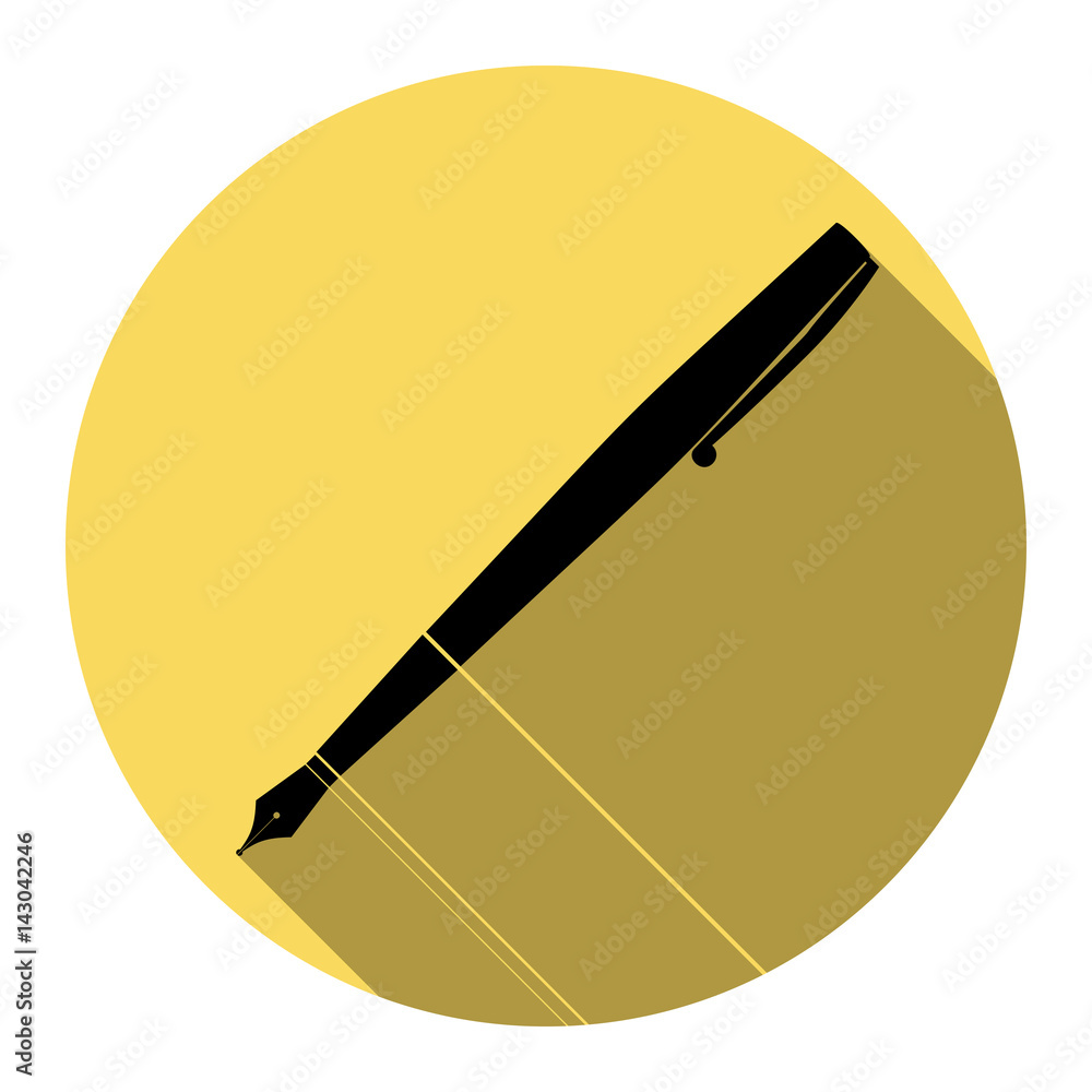 Pen sign illustration. Vector. Flat black icon with flat shadow on royal yellow circle with white background. Isolated. Pen sign illustration. Vector. Flat black icon with flat shadow on royal yellow circle with white background. Isolated.