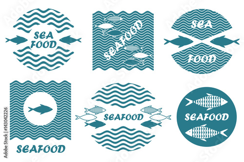 Abstract seafood logos. Universal creative seafood symbols. Logos design vector template.