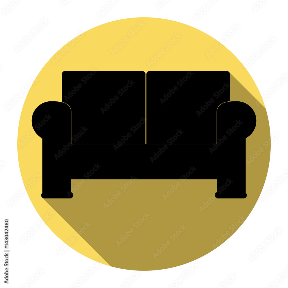 Sofa sign illustration. Vector. Flat black icon with flat shadow on royal yellow circle with white background. Isolated. Sofa sign illustration. Vector. Flat black icon with flat shadow on royal yellow circle with white background. Isolated.