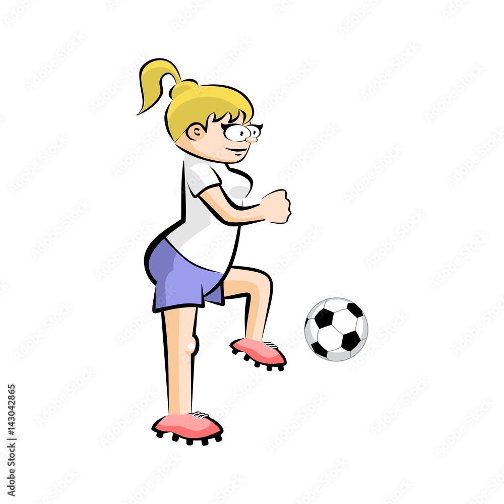 Female Soccer Player with Ball - Vector Cartoon isolated