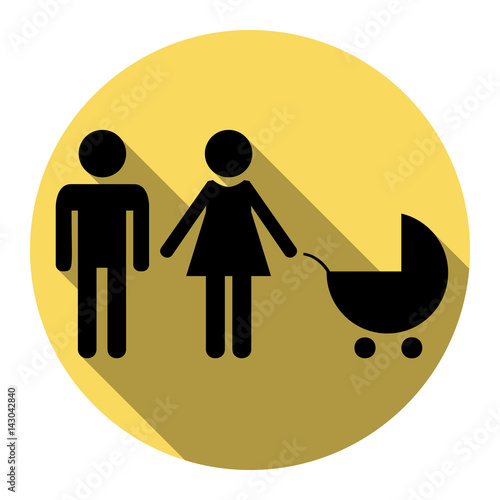 Family sign illustration. Vector. Flat black icon with flat shadow on royal yellow circle with white background. Isolated.