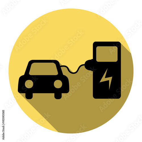 Electric car battery charging sign. Vector. Flat black icon with flat shadow on royal yellow circle with white background. Isolated.