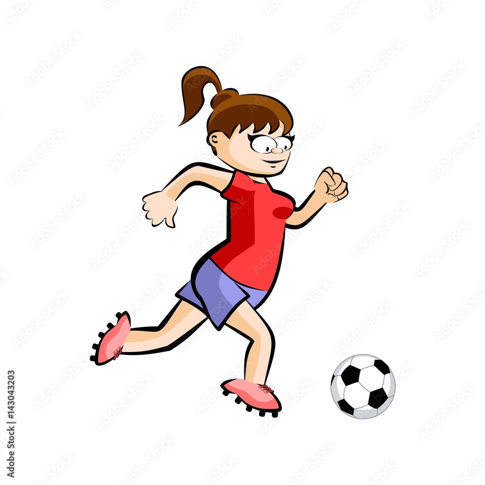 Female Soccer Player with Ball - Vector Cartoon isolated
