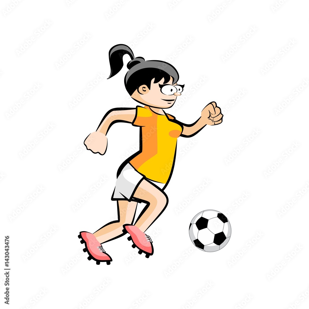 Female Soccer Player with Ball - Vector Cartoon isolated